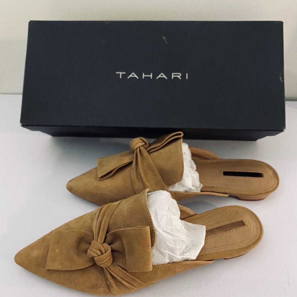 Point toe flat tan mules